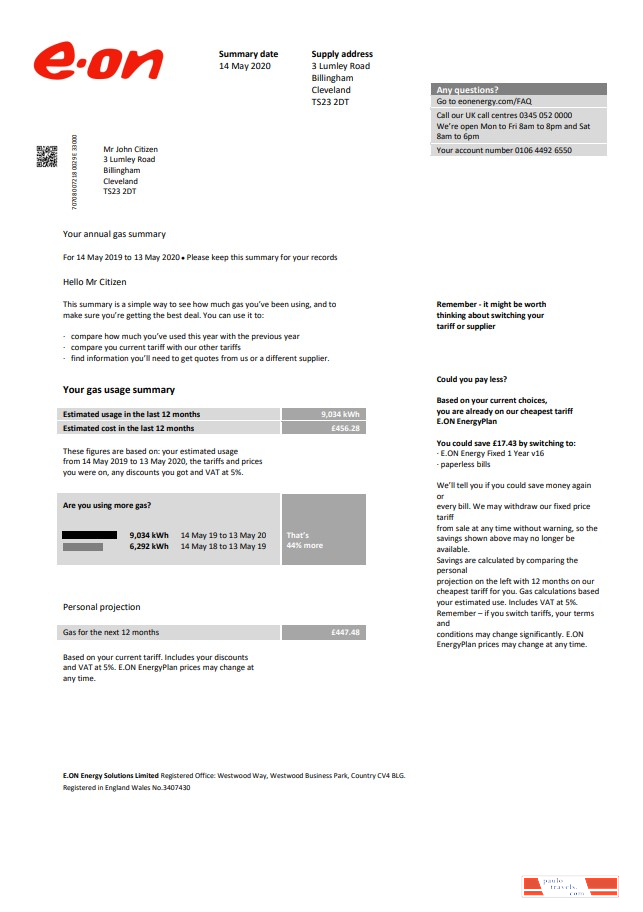 United Kingdom E.ON utility bill template in Word and PDF format, version 2